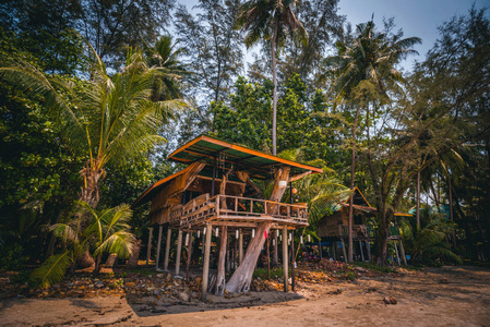 美丽的景色与 bungalo 在海滨与棕榈