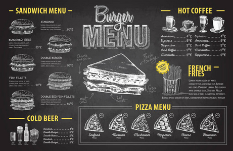 老式粉笔画汉堡菜单设计。快餐菜单