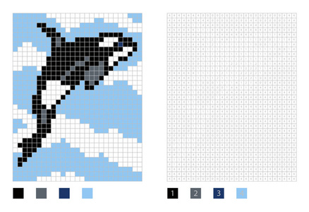 像素杀手鲸鱼卡通在着色页与编号方块