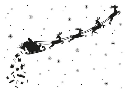 圣诞老人和鹿一起飞翔。剪影
