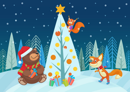 矢量图的礼物在圣诞节树在森林里的可爱熊和狐狸动物