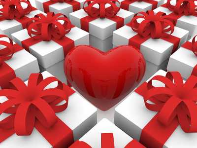 红色心脏在礼物箱子列之间
