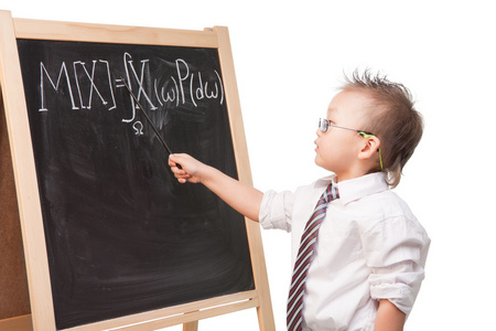 正式 科学家 数学家 年轻 智能 男孩 站在 系领带 蹒跚学步