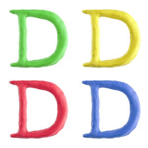 一个自定义大写字母 D 手由橡皮泥用四不同的颜色。这个独特的字符是孤立的白色背景