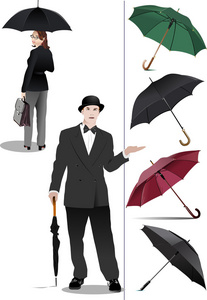 四种打开的雨伞。 女人和绅士
