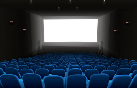 带蓝色座椅和白色空白屏幕的电影院礼堂的矢量插图