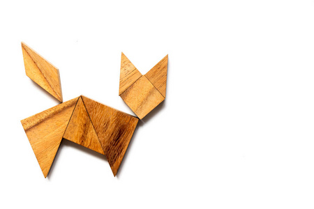 小猫跑步木质七巧板拼图猫走路或跑步白色背景上的形状照片