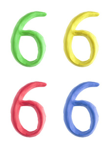 一个自定义数字六手用橡皮泥在四种不同的颜色。这个独特的字符是孤立的白色背景