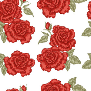 白色背景上有红色玫瑰花的无缝花纹。织物的矢量图示
