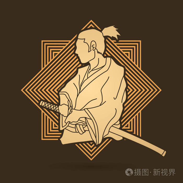 武士准备战斗的行动黄金线背景图形矢量设计