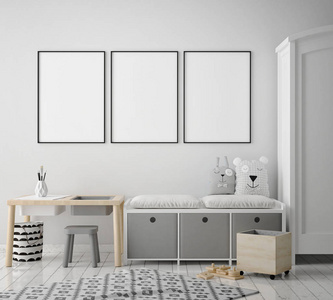 模拟海报框架在卧室, 斯堪的纳维亚风格的内部背景, 3d 渲染, 3d 插图