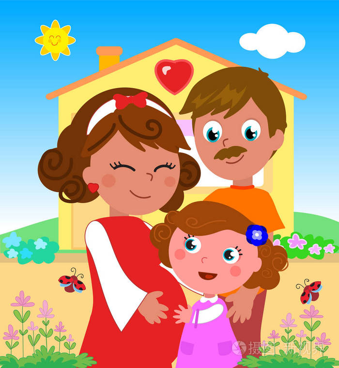卡通孕妇与丈夫和女儿