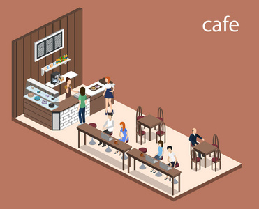 等距3d 矢量插图咖啡店内部与女招待和蛋糕