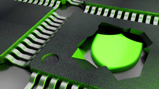 破解开放 Cpu 揭示绿色盾符号网络安全概念3d 插图