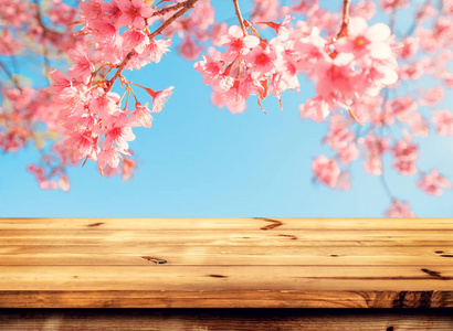 木桌顶部空的准备为您的产品和食物陈列或蒙太奇与桃红色樱花花 樱花 在天空背景在春天季节