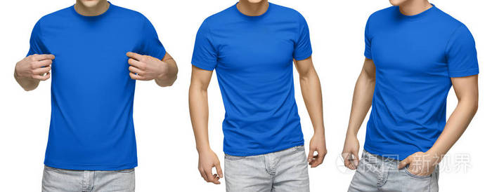 年轻男性在空白蓝色 tshirt, 正面和背面视图, 被隔绝的白色背景与修剪路径。设计人 t恤模板和样机的打印