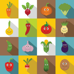 微笑的蔬菜图标设置, 平面风格