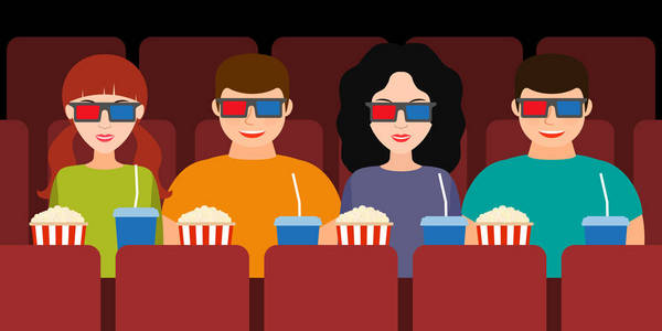 公司的两对夫妇在电影院的 3d 眼镜矢量