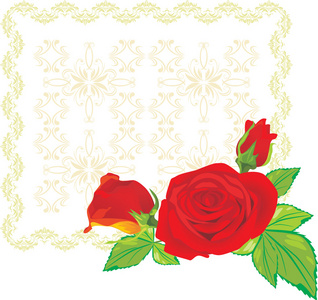 装饰背景上的三朵红玫瑰