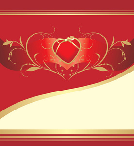 红色的心与花饰。 情人节卡片背景