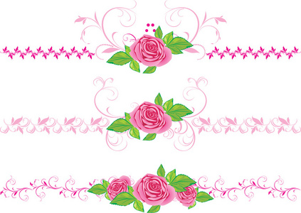 带有装饰品的粉红色玫瑰。 三个装饰边界