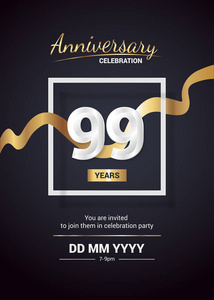 99周年纪念 Logo 庆祝和邀请卡与金丝带。暗背景下的矢量插图