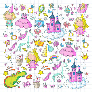 可爱的公主图标设置与麒麟, 龙女孩壁纸婴儿会幼儿园, 学前, 托儿所, 生日, 学校党