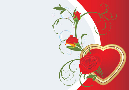 带着心的红色玫瑰花束。 情人节卡片