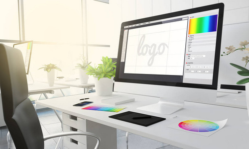 图形设计与标志样机在电脑屏幕上, 创意工作室与彩色色板在桌子上, 3d 渲染