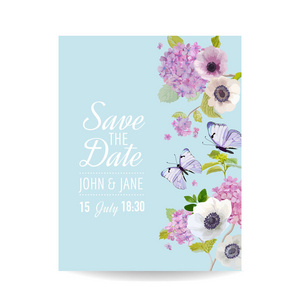 保存日期卡婚礼请柬模板。植物卡与绣球花和蝴蝶。问候花卉明信片。矢量插图
