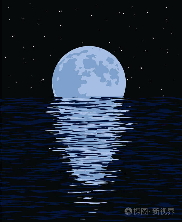 夜晚的海和满月的矢量背景