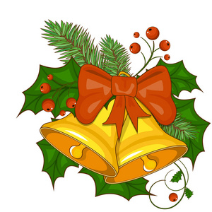 矢量字段雏菊花和孤立的白色背景上的钟声卡通圣诞的钟声在白色背景上