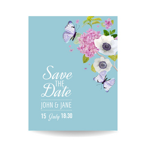 保存日期卡婚礼请柬模板。植物卡与绣球花和蝴蝶。问候花卉明信片。矢量插图