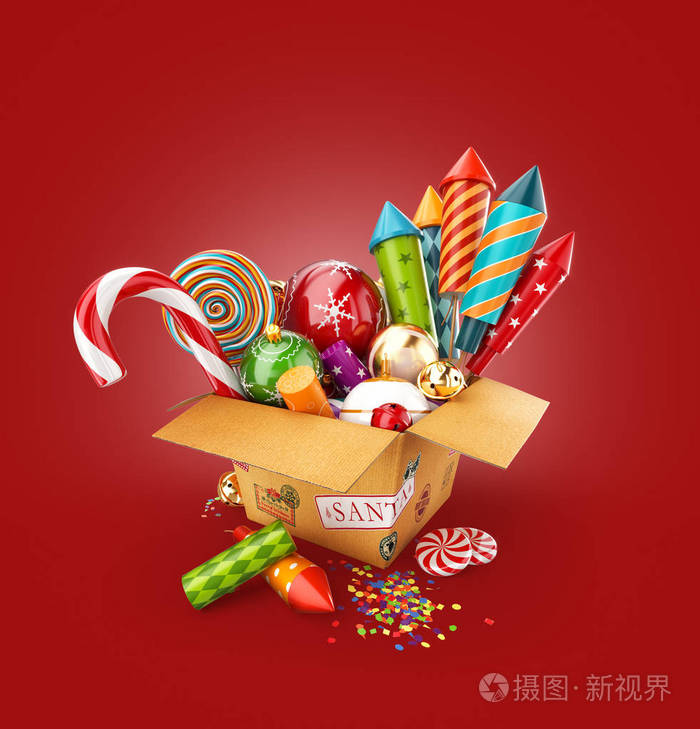 装满圣诞玩具糖果和明亮五彩缤纷的烟花火箭的箱子