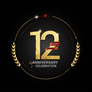 年金险12年金周年纪念标志与红色丝带, 低聚设计数字, 媒介例证在黑