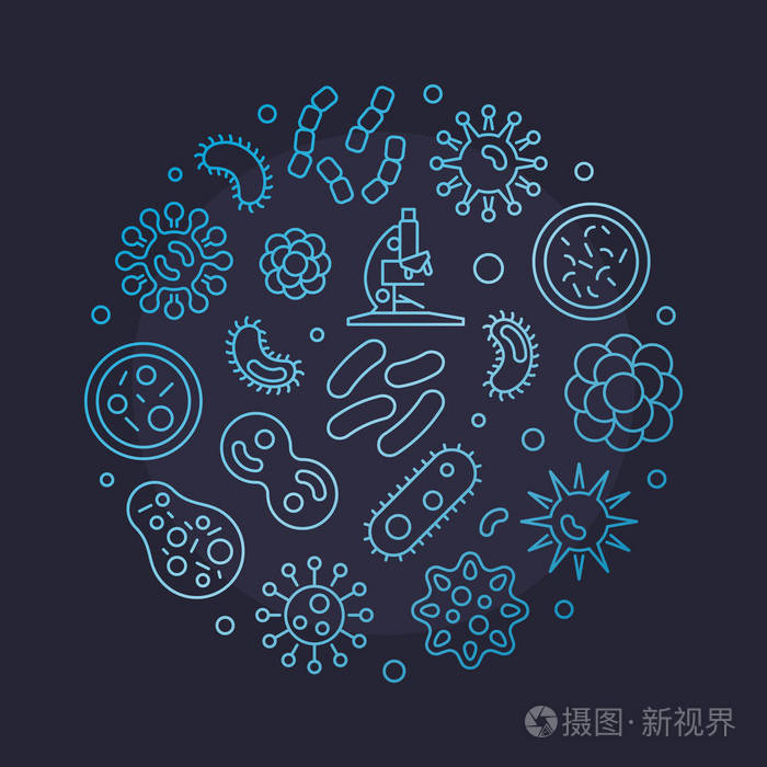 微生物圆形轮廓蓝插图.矢量圆形符号