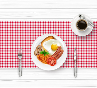 在木桌上用煎蛋和黑咖啡的早餐桌的媒介例证
