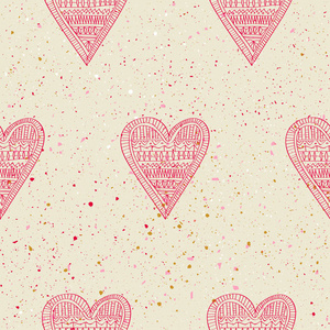 无缝模式手绘粉红色的心在白色的垃圾背景与飞溅和点。情人节和婚礼的概念