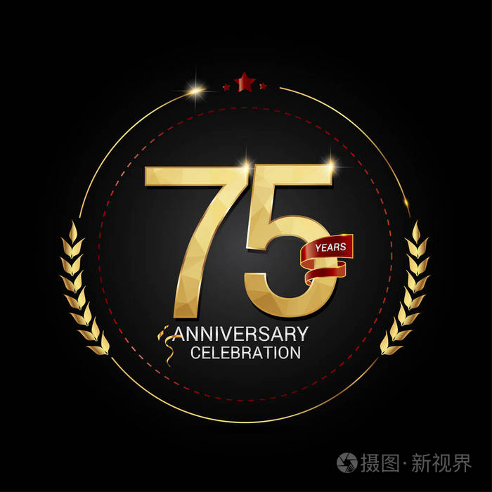 75年金周年纪念标志与红色丝带低聚设计数字媒介例证在黑背景