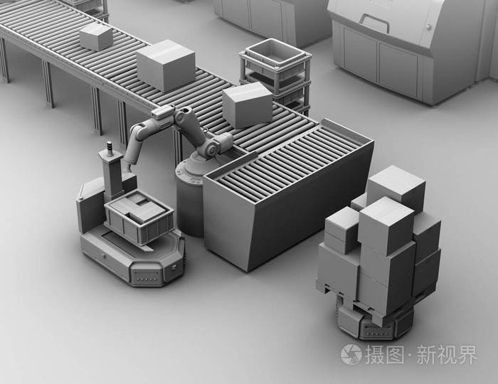 自驾叉车自动导引车的机械臂拾取包的粘土模型绘制3d渲染图像