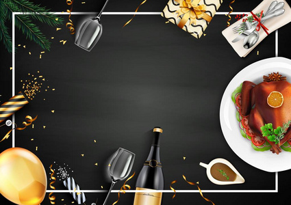在黑板背景下用烤火鸡庆祝节日晚餐的矢量插图