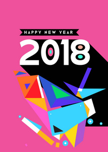 新年快乐2018多彩抽象设计, 矢量元素日历和贺卡