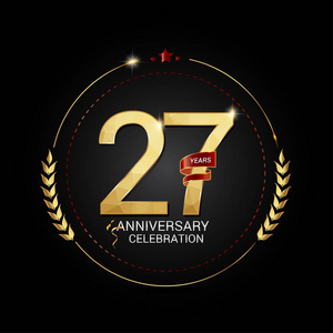 27年金周年纪念标志与红色丝带, 低聚设计数字, 媒介例证在黑背景照片