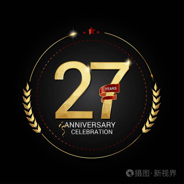 27年金周年纪念标志与红色丝带 低聚设计数字 媒介例证在黑背景插画 正版商用图片02srb4 摄图新视界