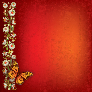 蝴蝶与花朵的抽象 grunge 插图