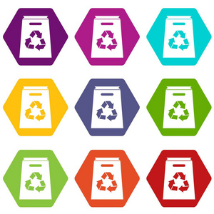 回收购物袋图标集颜色六面体