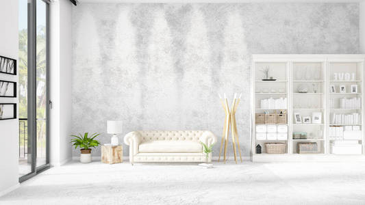 现代阁楼室内时尚与白色沙发和 copyspace 在水平排列。3d 渲染