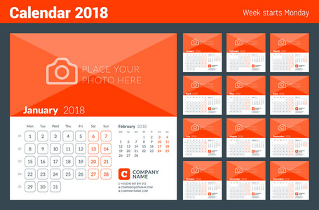 2018 年的日历打印模板。周从星期一开始。12 页集。与地方为照片矢量设计模板