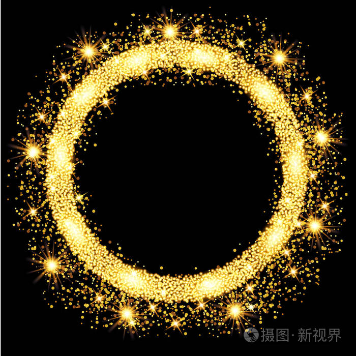 金色的光晕闪耀着星星的圆框.矢量插图