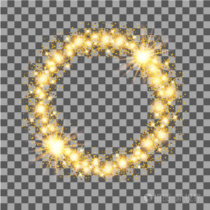 金色的光晕闪闪发光的圆圈框架与明星在透明的背景.矢量插图